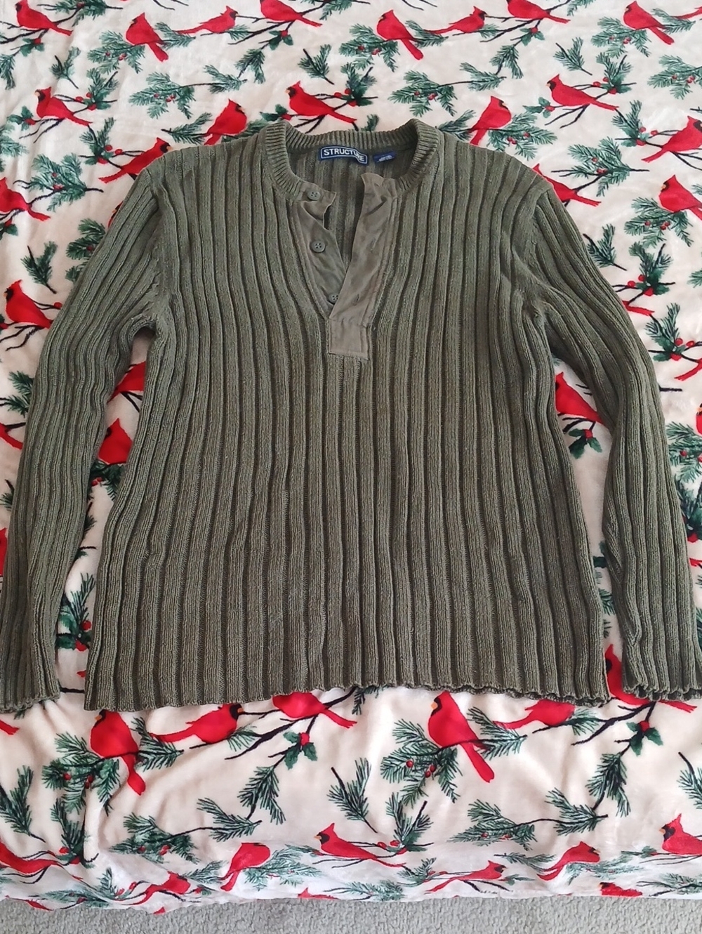 Structure Olive Ribbed Henley Crewneck Vintage Sweater